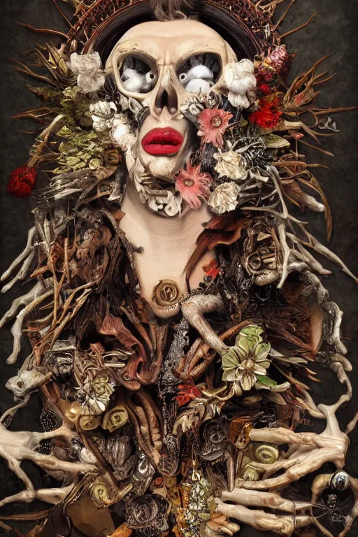 Image similar to Detailed maximalist portrait a greek god with large lips and with large white eyes, exasperated expression, botany bones, HD mixed media, 3D collage, Grimm fury takes character, highly detailed and intricate, surreal illustration in the style of Caravaggio, dark art, baroque