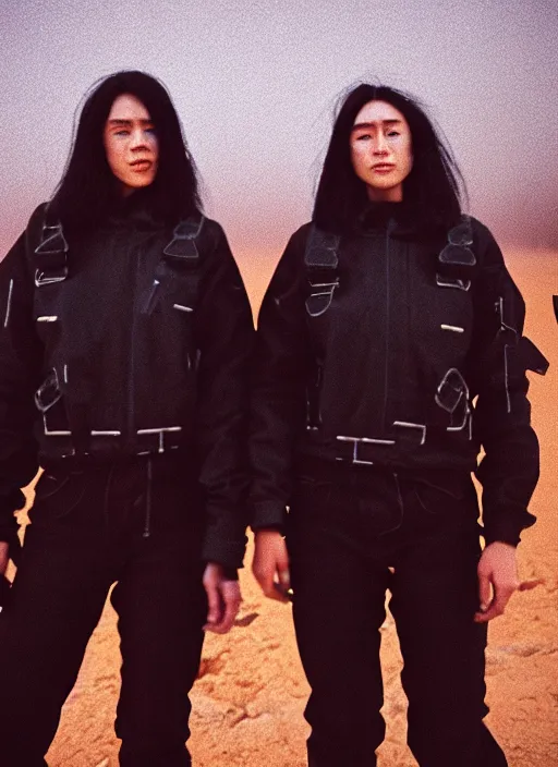 Image similar to cinestill 5 0 d photographic portrait of two loving clones, women wearing rugged black techwear on a desolate plain with a red sky, closeup, diverse species, cyberpunk, in front of a brutalist dark metal facility, dust storm, 3 5 mm, 8 k, depth of field, high resolution, ultra realistic faces, beautiful faces