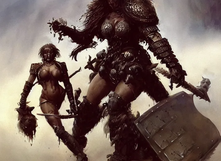 Prompt: A full portrait of a beautiful fur-armored berserker woman, dragging an oversize Gothic claymore into battle, by Frank Frazetta, Greg Rutkowski, Boris Vallejo, epic fantasy art, Exquisite detail, post-processing, masterpiece, cinematic