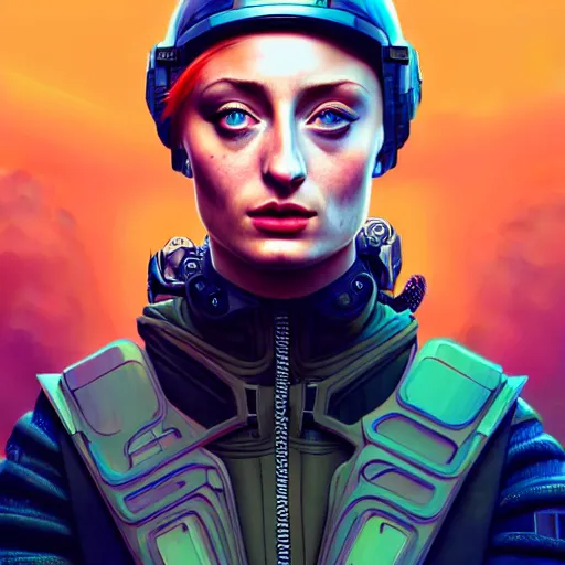 Prompt: high quality high detail portrait of a sophie turner as diesel punk character in an futuristic world, techwear, tristan eaton, victo ngai, artgerm, rhads, ross draws, hyperrealism, intricate detailed, alphonse mucha, muted pastel colors, smooth, vintage, artstation