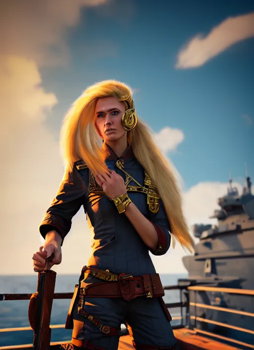 Image similar to An epic fantasy comic book style portrait painting of tall blonde haired female sky-pirate with a serious face and a pony tail in front of a metal gangplank, unreal 5, DAZ, hyperrealistic, octane render, cosplay, RPG portrait, dynamic lighting