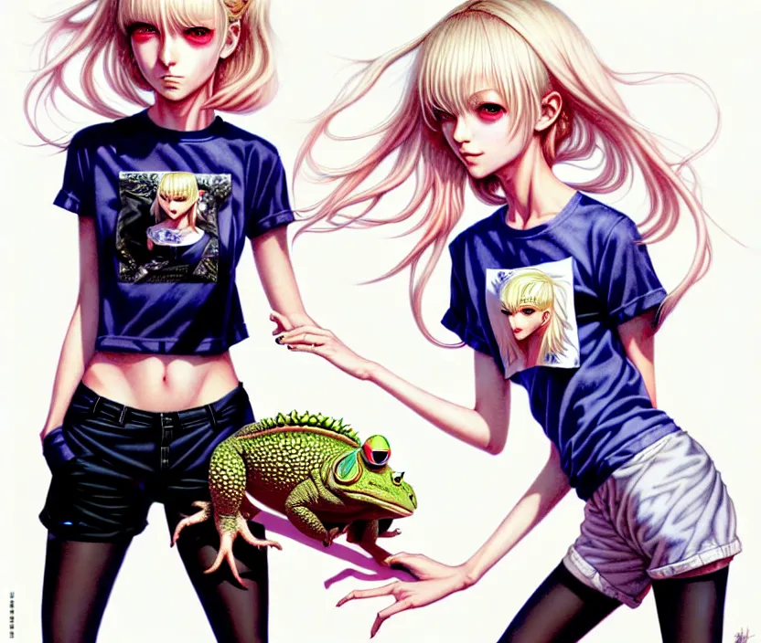 Image similar to richly detailed colored pencil 3D illustration of a beautiful French woman with short bleached blonde hair wearing a long Tshirt and black shorts that is soon to be swallowed whole by a giant evil toad demon. art by Range Murata and Artgerm.