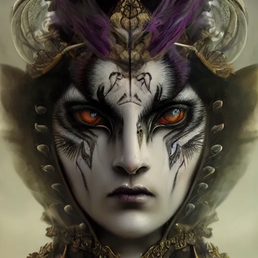 Prompt: tom bagshaw, soft painting portrait fractal curiosities carnival, very beautiful female mutation tigress in full ornated nightshade gothic armor, accurate features, focus, very intricate ultrafine details, black white purple volumetric clouds, award winning masterpiece, octane render 8 k hd