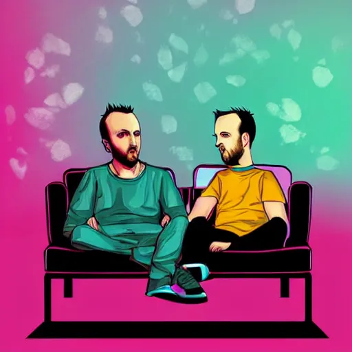 Prompt: a digital art of jessie pinkman and jessie pinkman, sitting on two sofas, watching tv, holding hands, back to the camera, storybook art, detailed, profile shot, featured on artstation