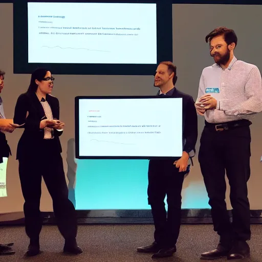 Image similar to An award-winning photograph of a group of data scientists presenting some terrible graphs to the laughing CEO