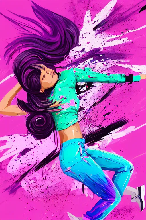 Image similar to a award winning half body porttrait of a beautiful woman in a croptop and cargo pants with ombre purple pink teal hairstyle with head in motion and hair flying, paint splashes, splatter, outrun, vaporware, shaded flat illustration, digital art, trending on artstation, highly detailed, fine detail, intricate