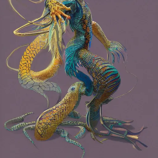 Prompt: concept design sketches for a character that is an ethereal anthro snake with hands, golden scales and blue accents scattered in its design, influences from peacocks and mantis shrimp for its clothing of choice, art by yuji ikehata and satoshi kon, background art by miyazaki, realism, proper human male proportions, fully clothed, dungeons and dragons, anime