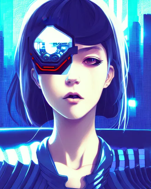 Image similar to a comic potrait of a cyberpunk cyborg girl with big and cute eyes, fine - face, realistic shaded perfect face, fine details. night setting. very anime style. realistic shaded lighting poster by ilya kuvshinov katsuhiro, magali villeneuve, artgerm, jeremy lipkin and michael garmash, rob rey and kentaro miura style, trending on art station