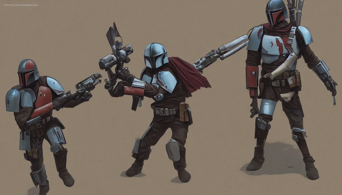 Prompt: lone mandalorian in action, in style of grzegorz rosinski