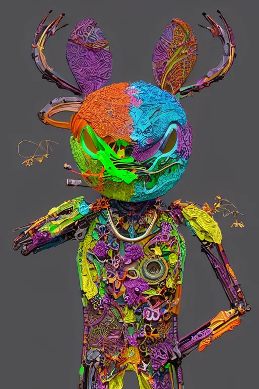 Prompt: cinema 4d colorful render, organic, dark scene, ultra detailed, of a porcelain deadmau5 . biomechanical, analog, macro lens, hard light, big leaves and large orange Dragonflies, stems, roots, fine foliage lace, turquoise gold magenta mint green details, high fashion haute couture, art nouveau fashion embroidered, intricate details, mesh wire, mandelbrot fractal, anatomical, facial muscles, cable wires, elegant, hyper realistic, in front of dark flower pattern wallpaper, ultra detailed