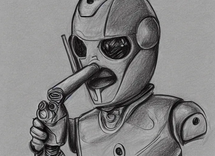 Image similar to drawing, scribble, sketch of a robot sci - fi war lord smoking cigar