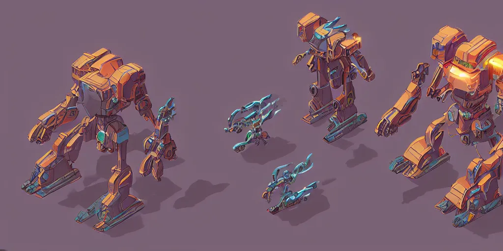 Prompt: isometric mecha character design, idle, colored, sprite, pc game, sideview, art by moebius and greg rutkowski.
