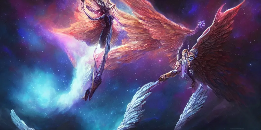 Prompt: a cosmic winged beast with majestic nebula wings, concept art, digital illustration, trending on artstation, deviantart, artgerm, epic composition, masterpiece, highly detailed, advanced technique, ambient lighting, wlop, ross draws