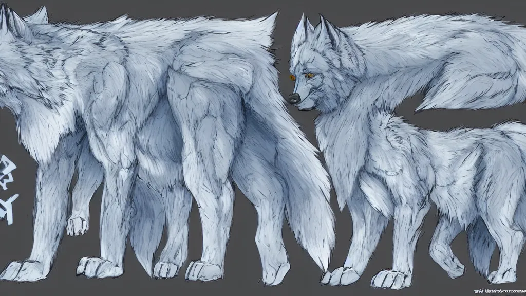 Prompt: a fantasy giant blue wolf with white tribal paint character design sheet, trending on artstation