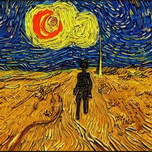 Prompt: 3 d render, skeleton, walking, desert, ship, in the style of van gogh starry night.