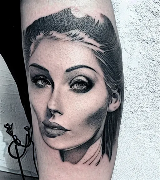 Image similar to realism tattoo sketch of a isabelledeltore face double exposure mountain scenery, in the style of matteo pasqualin, amazing detail, sharp, faded