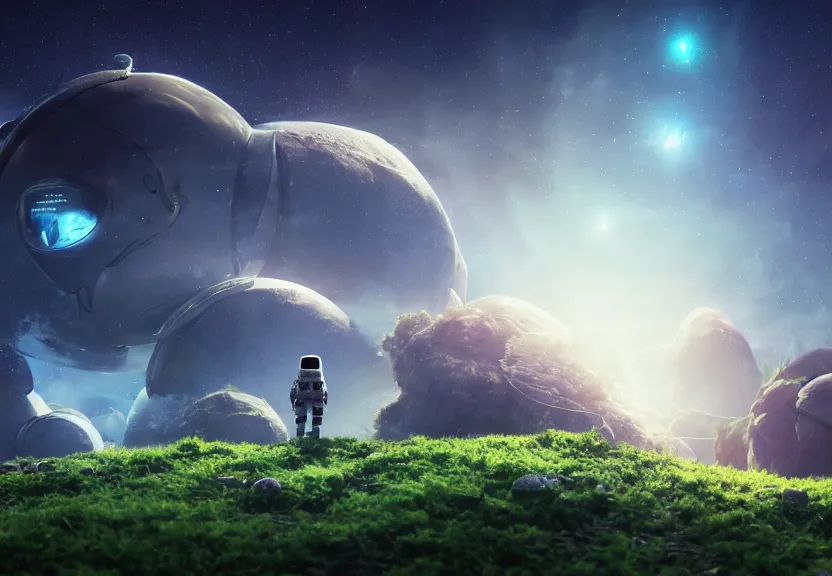 Image similar to a astronaut walking on a alien planet with alien plants and animals and a giant galaxy appearing in the sky, digital art, anime style, 8K HDR, octane render, unreal engine 5, path tracing, breathtaking landscape, cinematic lighting, trending on Artstation, high quality, highly detailed, trending on DeviantArt, concept art