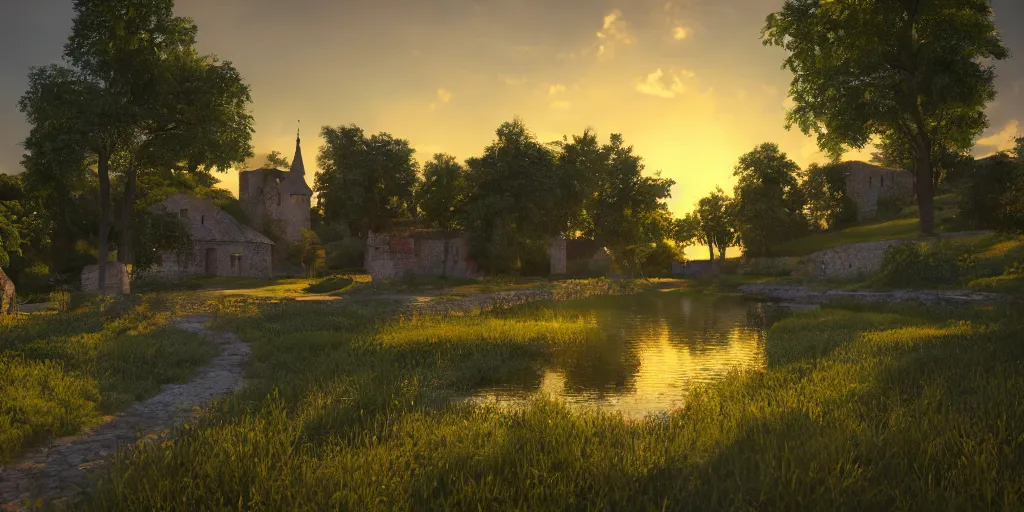 Image similar to a serene landscape with a medieval village near a lake at sunset, soft lighting, path tracing, complementary colors, calm, natural lighting, high quality, 4k, low contrast, highly detailed, octane render, unreal engine 5