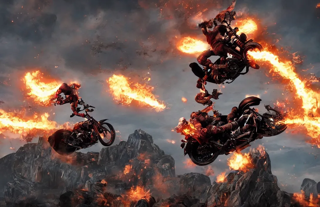 Image similar to kratos jumping a black harley - davidson motorcycle off a cliff, cinematic render, playstation studios official media, god of war 2 0 1 8, flames, centered