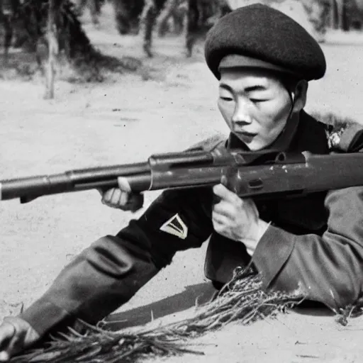 Prompt: photo of a vietnamese soldier firing his rifle