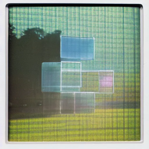 Image similar to a pastel coloured Polaroid photo of a large cube made of transparent neon perspex, each pane is a different colour stood in a field, beams of light, nostalgic