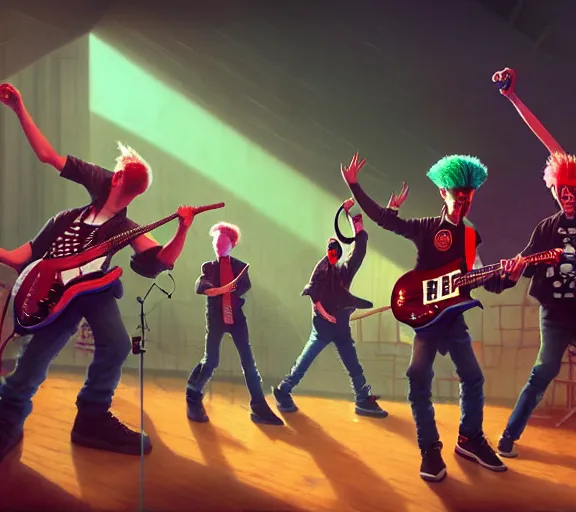 Image similar to 4 punks in school uniform with mohawks stand on stage with guitars and drums and microphones and yell day, foreground fight of ravers and punks, by marc simonetti, tyler edlin, deviantart, ray tracing, octane render, digital art, realistic, high quality, 8 k