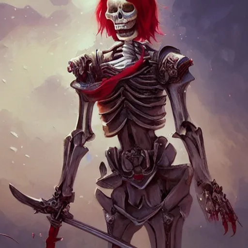 Image similar to cute & beautiful smug smiling undead skeleton girl with very attractive face and red hair dressed as a knight, elegant, digital art, fullbody painting, fantasy, pixar style, painting, pin up, highly detailed, artstation, art by artgerm, vrubel, greg rutkowski, ilya kuvshinov, raymond swanland