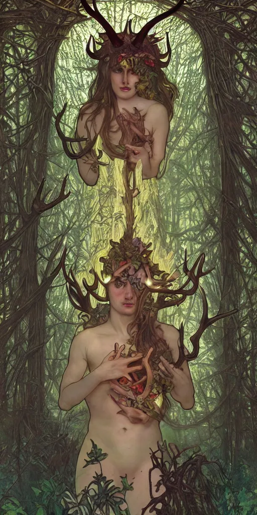 Image similar to intense bioluminescent pagan god with antlers and fangs and intense glowing eyes in very dark forest by mark ryden and alphonse mucha, portrait, fantasy, clear, light beams, lens flare, intense, uhd, amazing depth, cinematic lighting