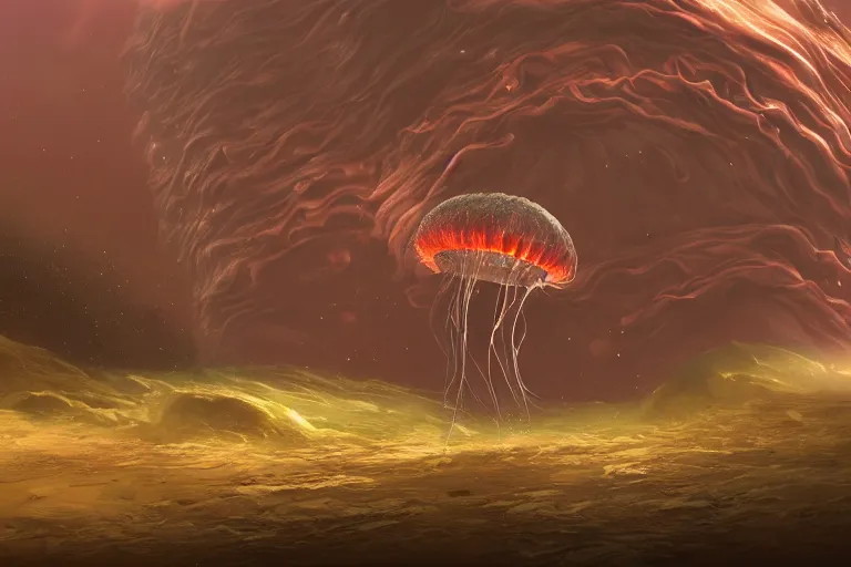 Prompt: alien jellyfish on the landscape of jupiter, artstation