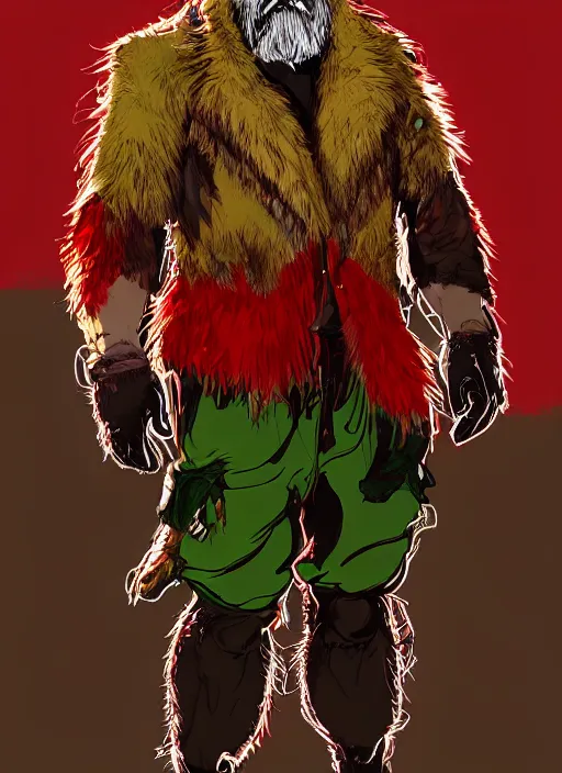 Image similar to Full body portrait of an old muscular man with blonde hair and beard wearing bear skin and red, green and gold jacket. In style of Yoji Shinkawa and Hyung-tae Kim, trending on ArtStation, dark fantasy, great composition, concept art, highly detailed.