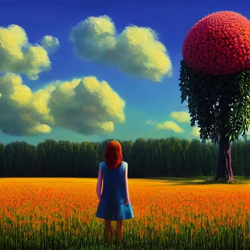 Image similar to giant flower head, girl standing in flower field, surreal photography, big trees, sunrise dramatic light, impressionist painting, colorful clouds, digital painting, pointillism, artstation, simon stalenhag