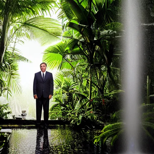 Prompt: 4 k hdr full body wide angle sony portrait of ron desantis in a tropical bali jungle shower with moody stormy overcast lighting