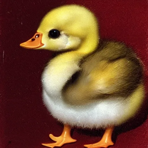 Image similar to a baby duckling wearing a bow on her head, holding a scalpel