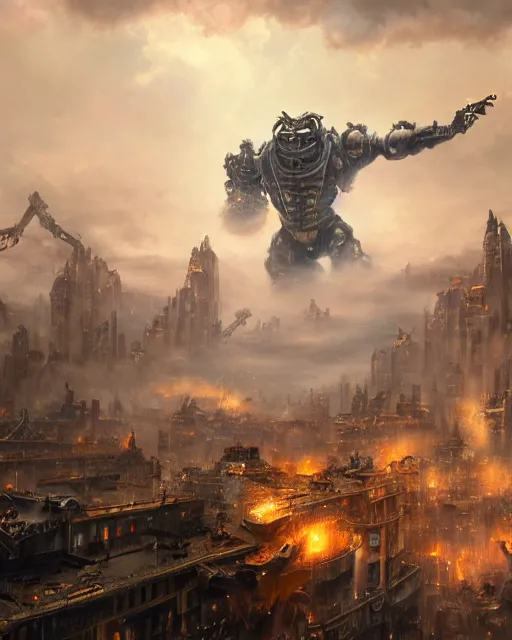 Image similar to oil painting of Steampunk King Kong Robot smashing buildings, sharp focus, fantasy style, steampunk city background, octane render, volumetric lighting, 8k high definition, by greg rutkowski, highly detailed, trending on art Station, magic the gathering artwork, centered, dramatic artwork, combat scene