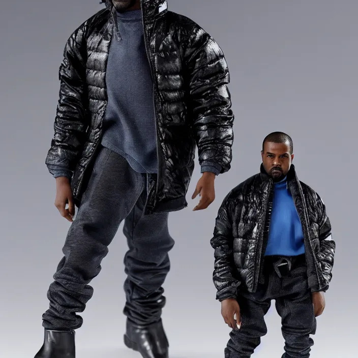 Image similar to a hot toys figure of kanye west using a full face covering black mask, a small, tight, undersized reflective bright blue round puffer jacket made of nylon, dark jeans pants and big black balenciaga rubber boots, figurine, detailed product photo
