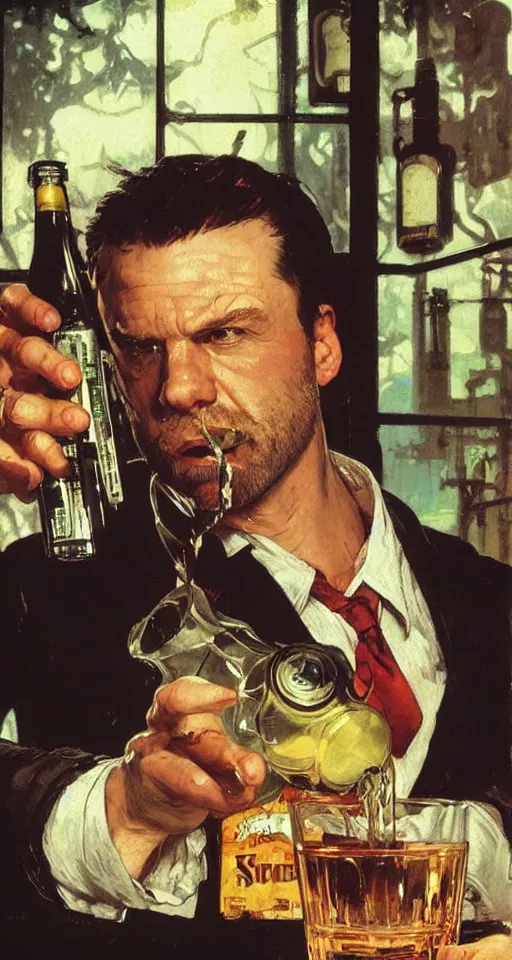 Image similar to close up of max payne pouring a drink, sun shining, photo realistic illustration by greg rutkowski, thomas kindkade, alphonse mucha, loish, norman rockwell.