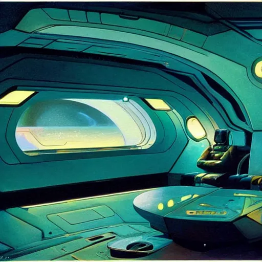 Image similar to Cozy interior of a spaceship, teal lighting, cozy lighting, space seen outside from a window, by Syd Mead, John Harris, Federico Pelat