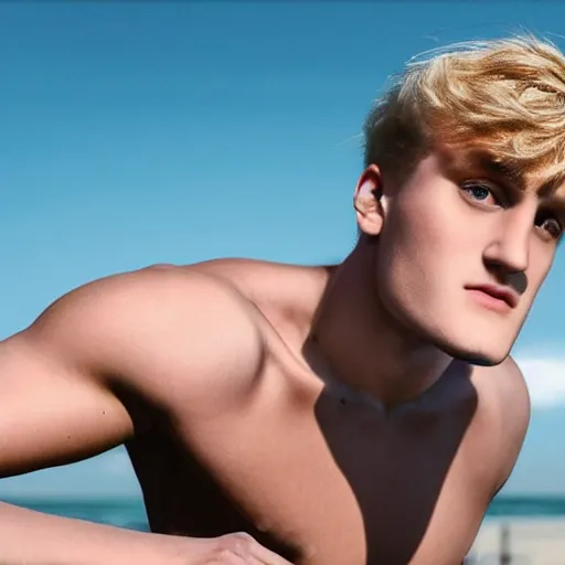 Image similar to a realistic detailed photo of a guy who is an attractive humanoid who is half robot and half humanoid, who is a male android, youtubers jake paul & logan paul, shiny skin, posing like a statue, blank stare, at the beach, on display