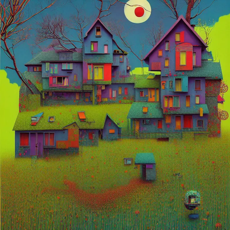 Image similar to surreal glimpse into other universe, house by som architect, summer morning, very coherent and colorful high contrast, art by!!!! gediminas pranckevicius!!!!, geof darrow, floralpunk screen printing woodblock, dark shadows, hard lighting, stipple brush technique,