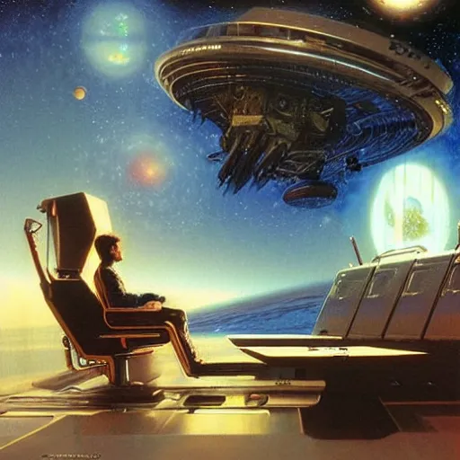 Prompt: digital painting of james holden sitting in the captains chair on a spaceship, art by greg rutkowski, scifi art by bob eggleton, space art by robert mccall, ultradetailed