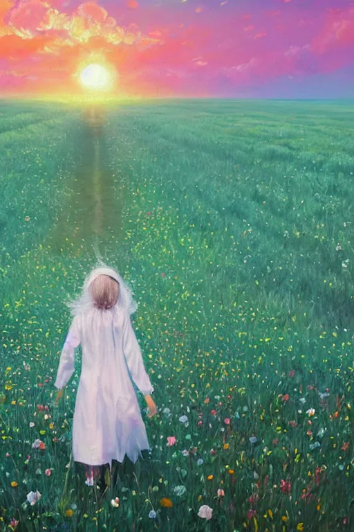 Image similar to giant white flower head, girl walking in a flower field, surreal photography, sunrise, dramatic light, impressionist painting, colorful clouds, digital painting, artstation, simon stalenhag