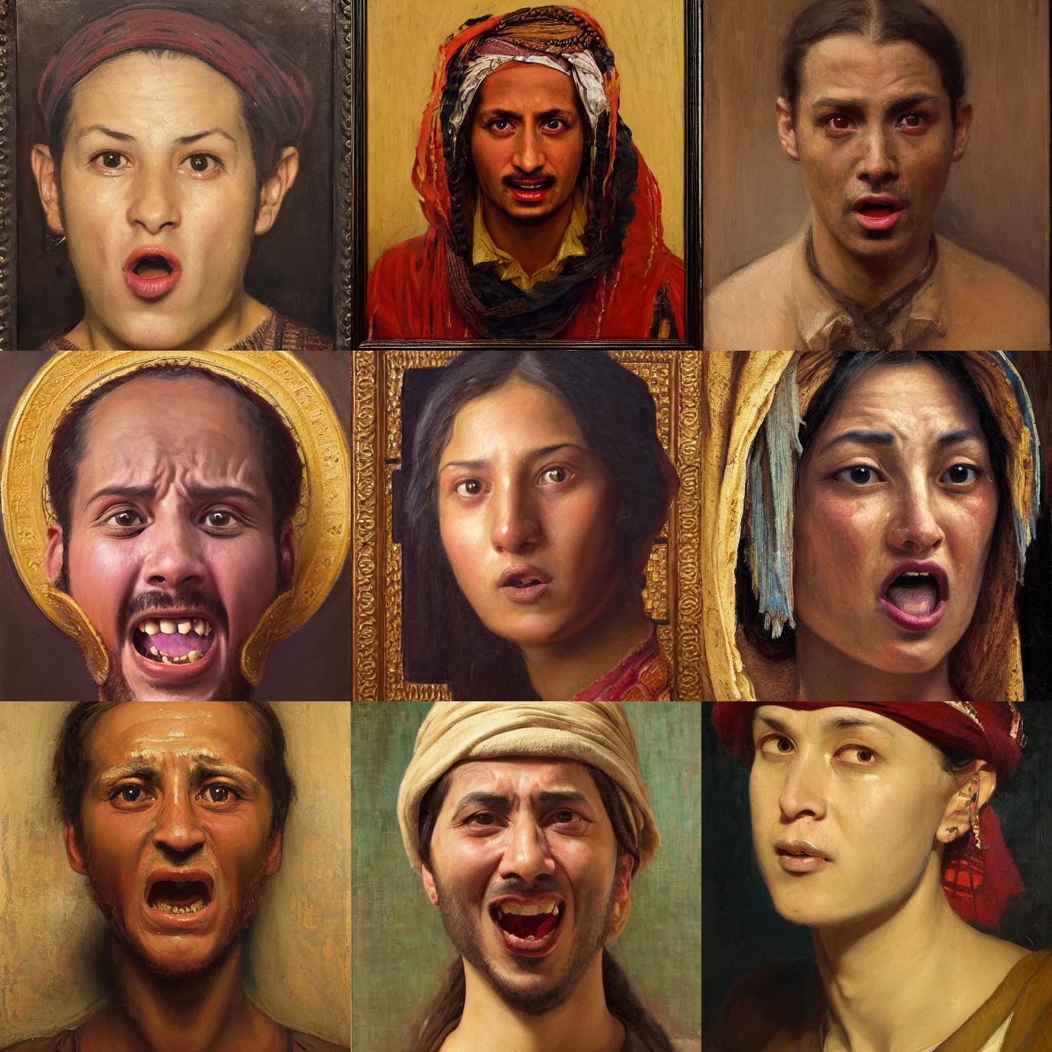 Prompt: orientalism terrified face portrait afraid mouth open by Edwin Longsden Long and Theodore Ralli and Nasreddine Dinet and Adam Styka, masterful intricate art. Oil on canvas, excellent lighting, high detail 8k