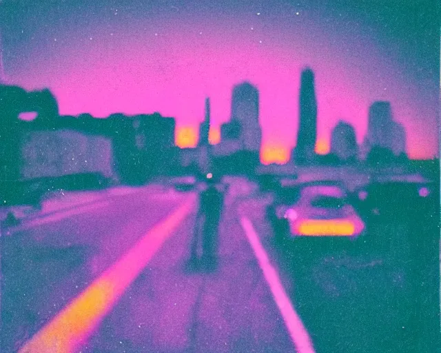 Image similar to futuristic chrome city, violet and yellow sunset, polaroid photo, atmospheric, whimsical and psychedelic, grainy, expired film, glitched