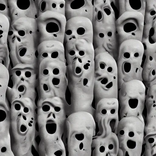 Image similar to dark wall shaped with multiple screaming faces of ghosts trapped inside it. photoreal. unreal render. cinematic. ominous shapes. haunted