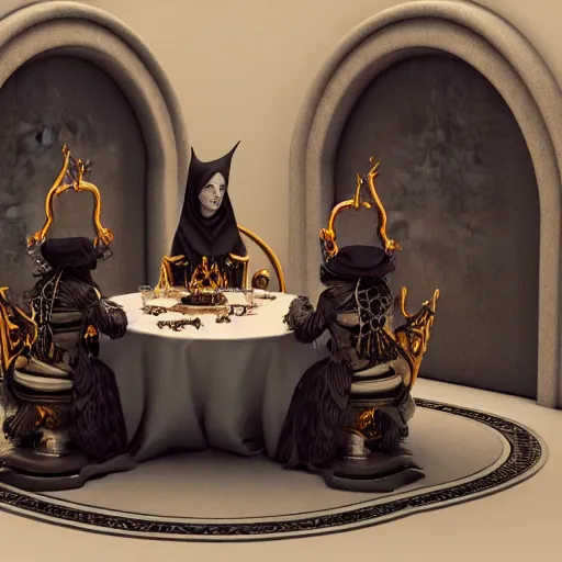 Image similar to dark witches sitting at a table doing a ritual. Ornate details, award winning. Octane render, 4k, 8k, unreal 5, very detailed, hyper control-realism, trending on artstation.”