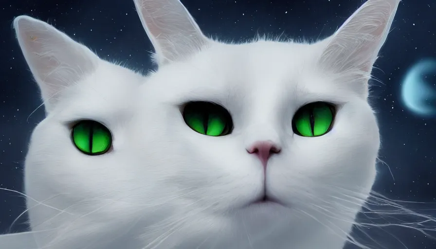 Image similar to white cat with green eyes, moon, snow, shiny, hyperdetailed, artstation, cgsociety, 8 k