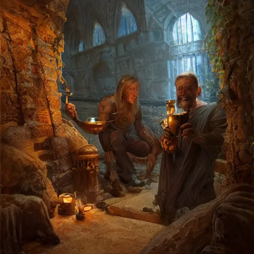 Image similar to epic masterpiece of cinematographic hyperrealism where an archeologist finds a goblet of immortality in an ancient crypt. realistic shaded lighting poster by craig mallismo, artgerm, jeremy lipkin and michael garmash, unreal engine, detailed and intricate environment, digital art, art station trends, horror, matte