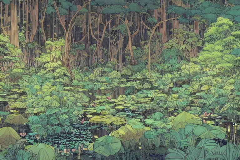 Image similar to a forest and the lily pond, that looks like it is from Borderlands and by Feng Zhu and Loish and Laurie Greasley, Victo Ngai, Andreas Rocha, John Harris