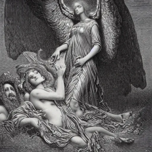 Prompt: fever dream of the angel of plenty, an engraving by gustave dore