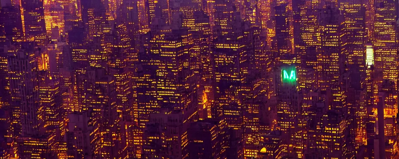 Prompt: ''photorealistic stablishing shot of futuristic new york city, at night with neon signs, shot in imax camera with anamorphic 4 0 mm lens by denis villeneuve''